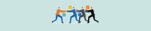 Illustration of businesspeople in a tug-of-war, symbolizing workplace conflict over goals and responsibilities.