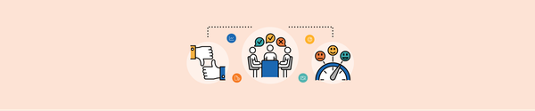 Illustration showing feedback exchange, group discussion with checkmarks, and satisfaction gauge with emojis.