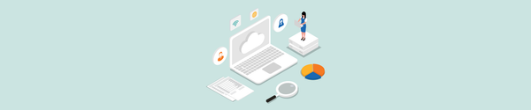 Isometric illustration of cloud HR software with a laptop, charts, documents, icons, and a woman on a server.