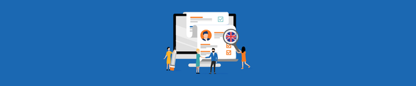 "5 Best HR Software for UK Small Businesses" with an illustration of HR software on a computer with a UK flag.