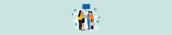 Illustration of people shaking hands under an EU flag with icons for law, chat, and communication.