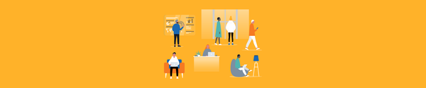 Illustration of people working and socializing in an office setting on an orange background.