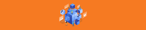 Illustration of people analyzing charts and data on large stacked cubes, on an orange background.