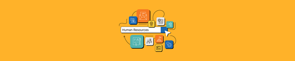 Human Resources workflow illustration with icons representing key HR functions.