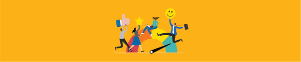 Illustration of employees celebrating on a rising gauge with icons for feedback, ratings, and satisfaction.