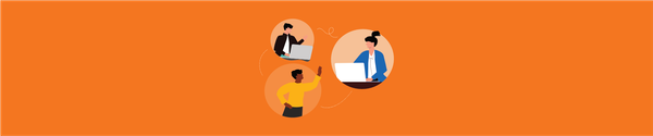 Illustration of three coworkers in circles connected, two on laptops and one waving, on orange background
