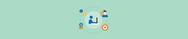 Employee at computer surrounded by icons for pay, time, performance, and goals indicating workforce management and productivity