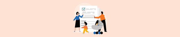 Illustration of parents with a child and stroller reviewing a checklist, symbolizing inclusive parental leave policy planning