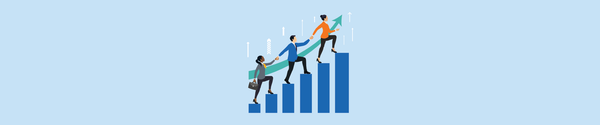 Three employees climbing bar chart steps with upward arrow, symbolizing workplace growth and empowerment.