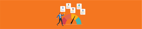 Illustration of an employee performance gauge with rating cards and a person holding a star on an orange background.