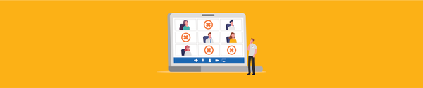 Laptop showing a video call with absent participants while a person stands beside it on a yellow background.
