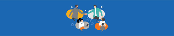 Illustration of coworkers onboarding a new hire with handshakes, laptops, and teamwork icons on a blue background.