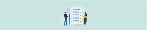 Illustration of two employees beside an attendance checklist with checkmarks and one missed item