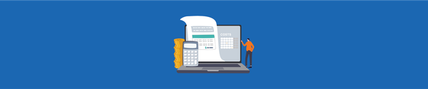 Laptop with cost sheet, calculator, coins, and person, illustrating employee burden rate calculation.