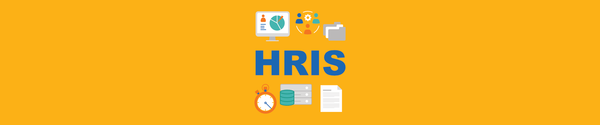 HRIS graphic with employee data, team, folder, timer, database, and document icons on orange background.