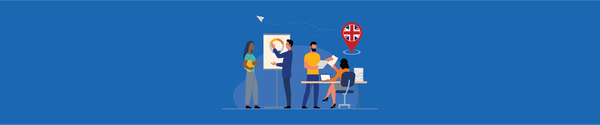 Illustration of a UK workplace team collaborating around a presentation, laptop, documents, and UK location pin.