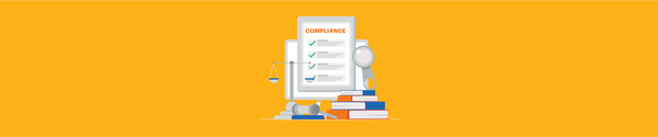 HR compliance checklist with scales, magnifying glass, gavel, and stacked books on an orange background.