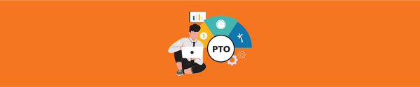 Employee with laptop beside a PTO wheel featuring time, money, vacation, and settings icons.