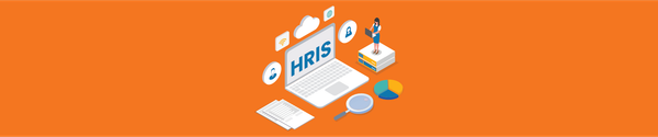 Illustration of an HRIS laptop with employee icons, cloud technology, analytics charts, and HR documents on an orange background.