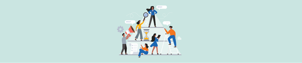 Illustration of employees collaborating on a career ladder, symbolizing job title mapping and seniority levels.