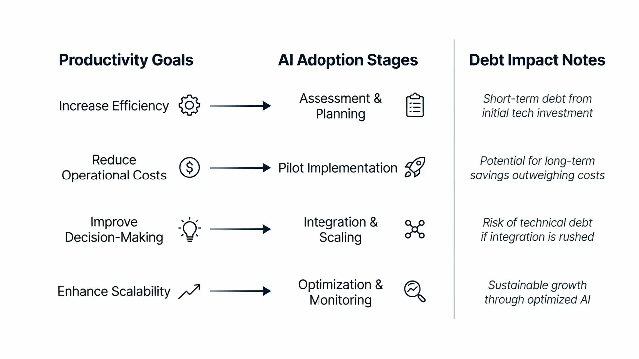 Process diagram mapping AI stages to productivity and debt targets