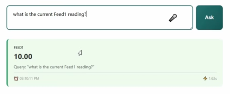 A textbox where the user has typed out "what is the current Feed1 reading?" and, after a 1.62s delay, the LLM has responded "FEED1: 10.00"