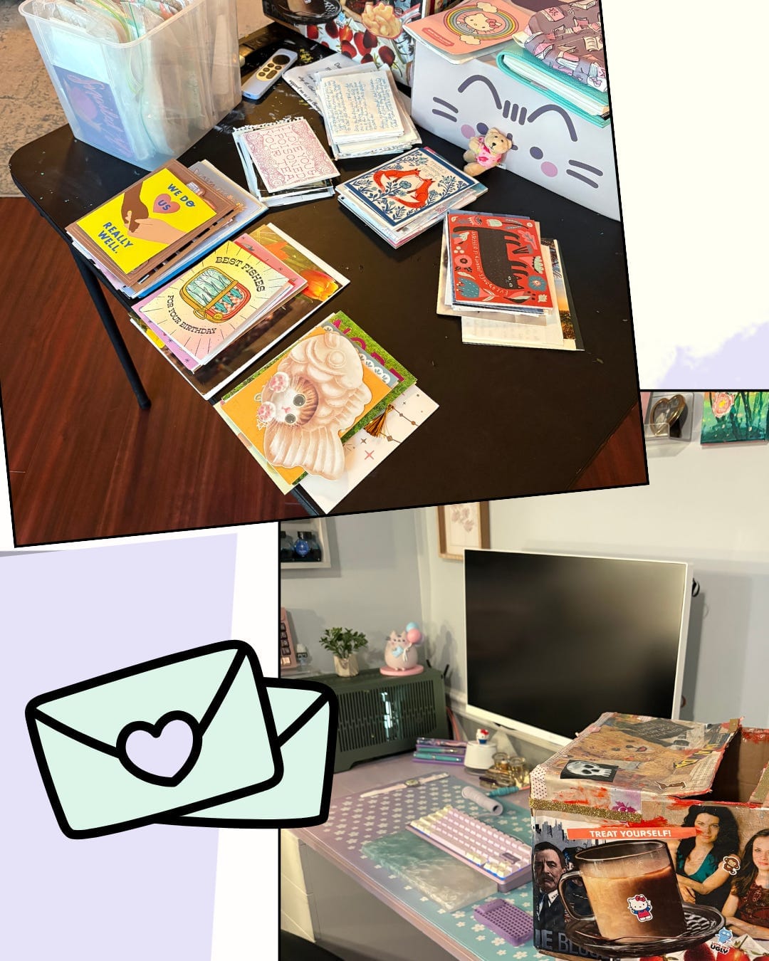 Stacks of received personal correspondence: cards, letters, and envelopes. A computer and mechanical keyboard, with some pens on a pen stand in the background.