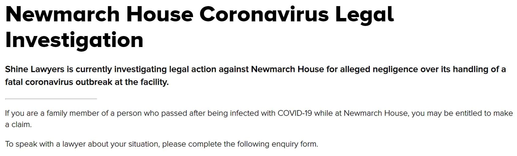 Shine Lawyers looking at class action over COVID-19 deaths at Newmarch House