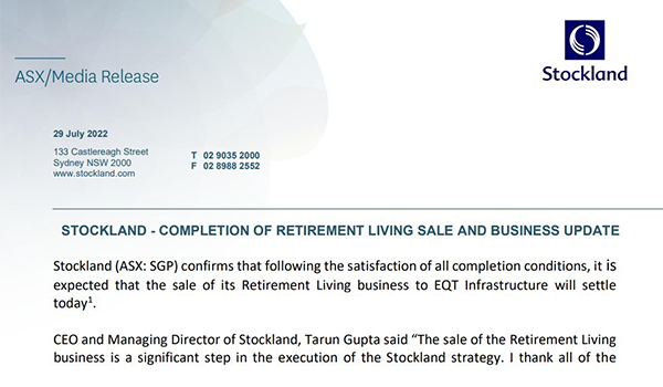 With EQT sale confirmed, Stockland’s 20-year era in retirement village sector over