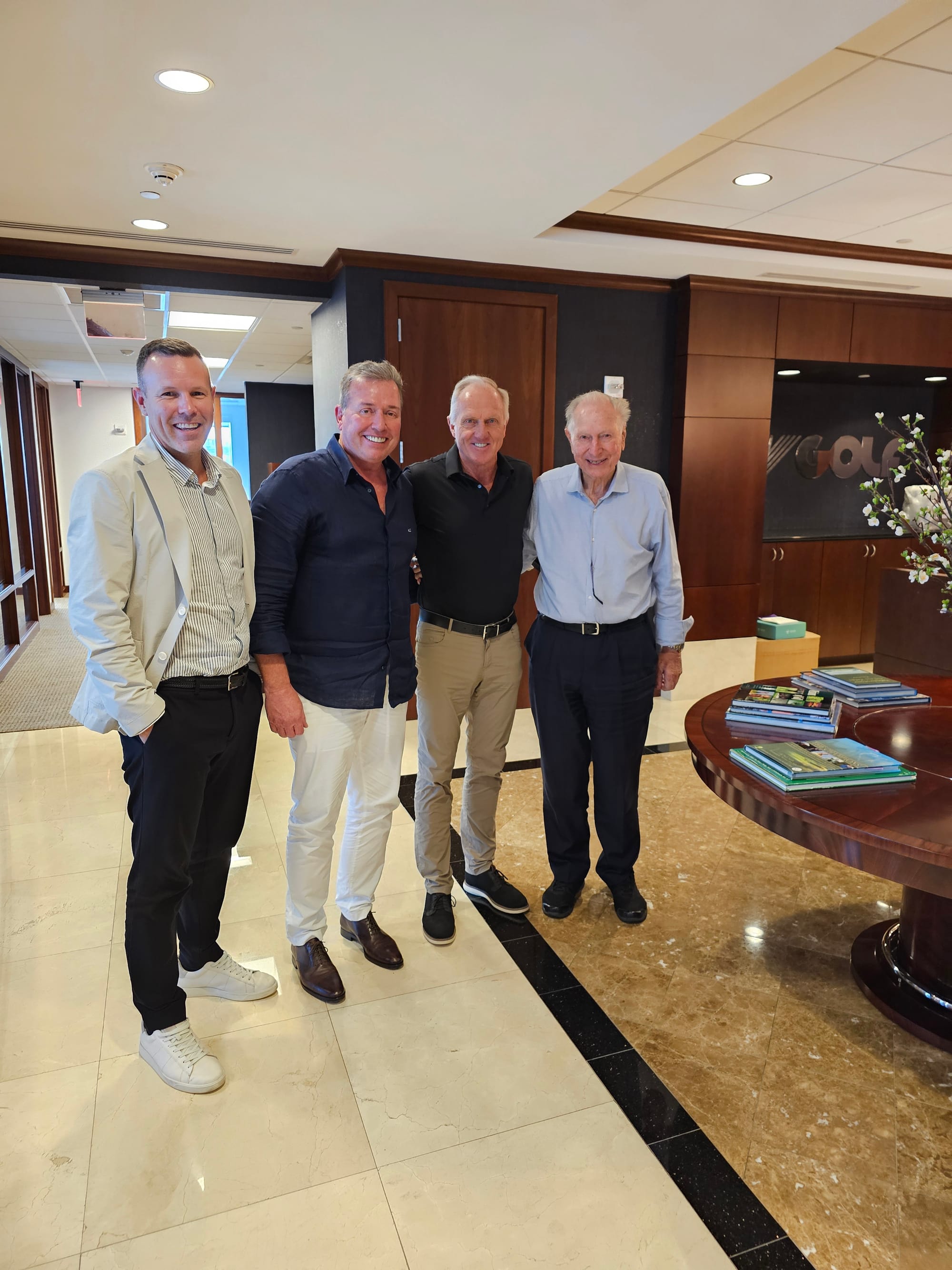 Walter and Scott Elliott meet Greg Norman in Florida to further his designs of their Palm Lake land lease golf courses