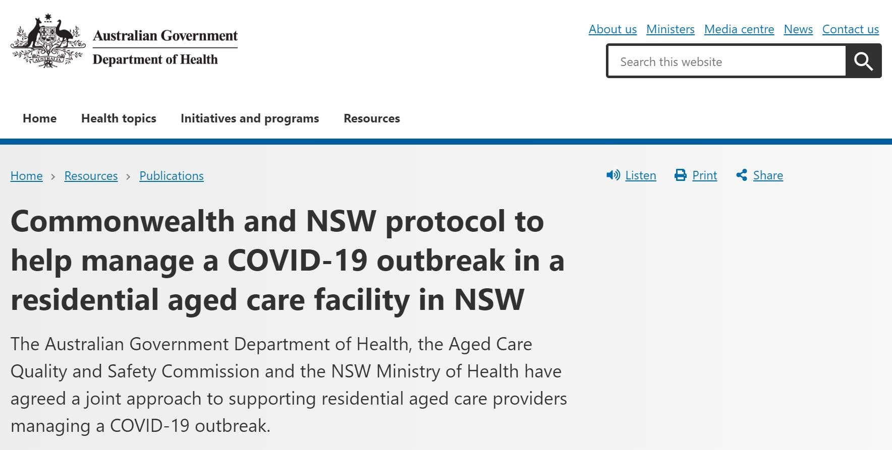 Government and NSW Health agree on joint protocol to manage COVID-19 outbreaks in aged care –providers must raise alarm bell within one hour but no guidance on transferring residents to hospital.