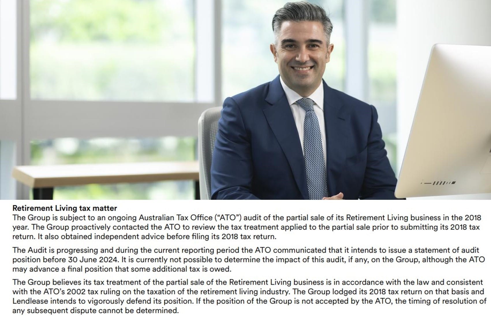 Lendlease states Australian Tax Office audit of its 2018 part-sale of its retirement living business a contingent liability