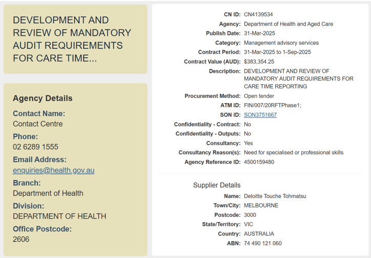 Govt grants Deloitte Touche Tohmatsu $383K contract to develop care minute reporting audits
