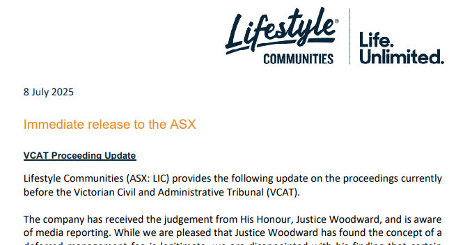 Lifestyle Communities to fight VCAT's DMF ruling, updates contracts for new buyers
