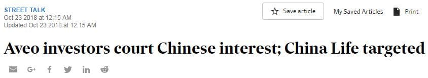 The Fin Review reports Chinese insurer eyeing 50% stake in Aveo
