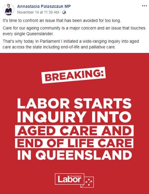 QLD Govt establishes its own 12-month inquiry into aged care and palliative care