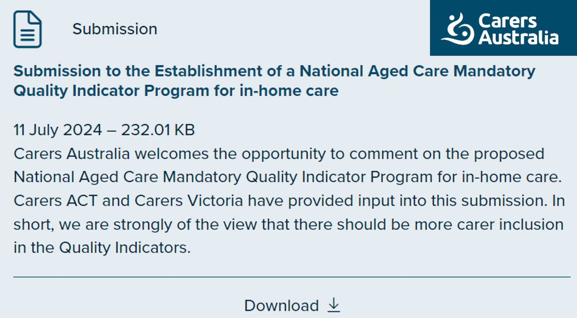 Informal carers left out of Home Care QI proposal: Carers Australia