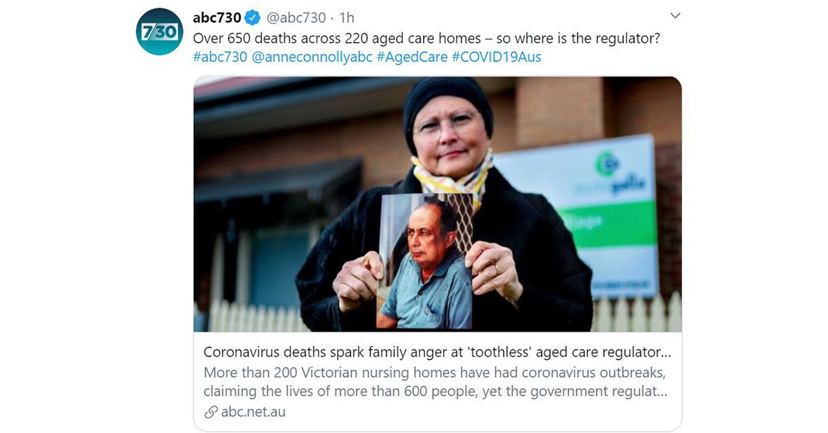 Anne Connolly points finger at Aged Care Quality and Safety Commission over COVID response on 7.30 Report