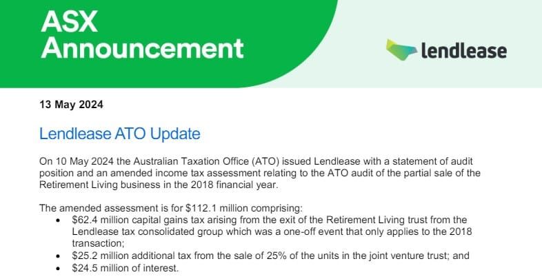 Lendlease to fight ATO's tax bills over sale of retirement village business post image