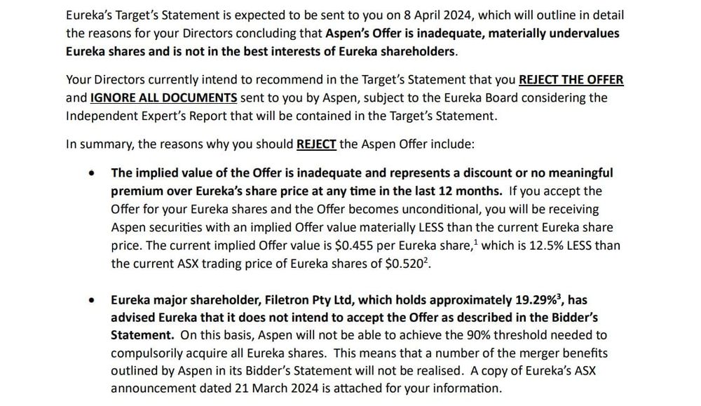 Eureka advise shareholders to reject Aspen takeover bid as new shareholder emerges post image