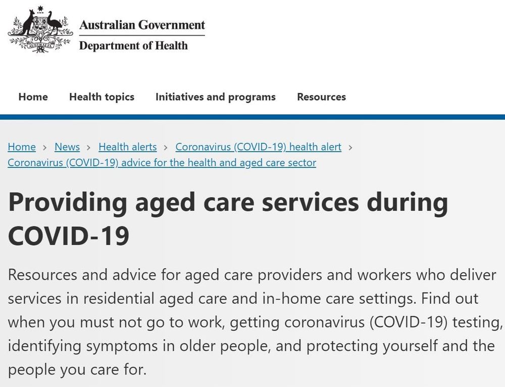Department of Health sets up COVID-19 specific aged care page – 10 weeks after pandemic declared – plus staff and residents to be tested if two or more have symptoms post image