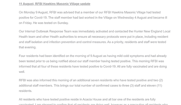 Second aged care resident from Hardi’s Wyoming Aged Care home dies as Delta variant of COVID-19 hits more NSW facilities post image