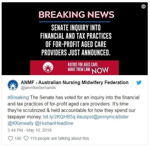 ANMF tax ‘scare campaign’ against the big For Profit aged care operators pays off – Senate Inquiry announced a week later post image
