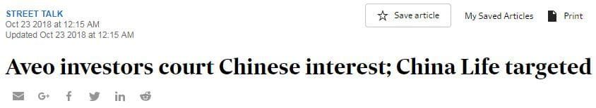 The Fin Review reports Chinese insurer eyeing 50% stake in Aveo post image