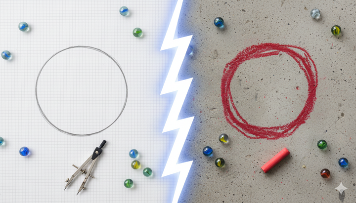 AI generated image split vertically. Left side a dark grey circle drawn with a compass, right side a chalk drawn circleMarbles are scattered around both sides as if thrown by children."