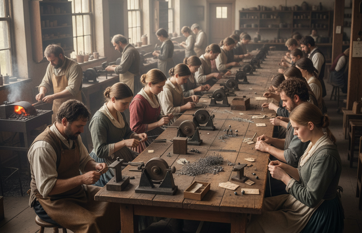  A specialized but un-automated pin factory (AI-Generated)