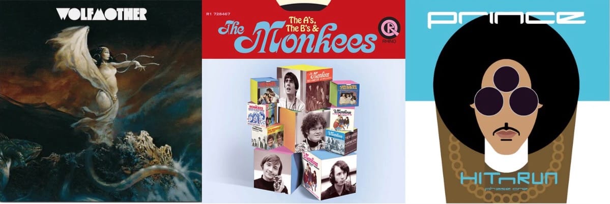 Cover art for Wolfmother, the Monkees, and Prince.