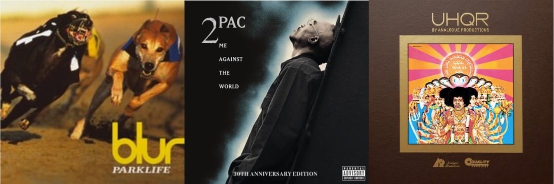 Cover art for Blur, 2Pac, and the Jimi Hendrix Experience.