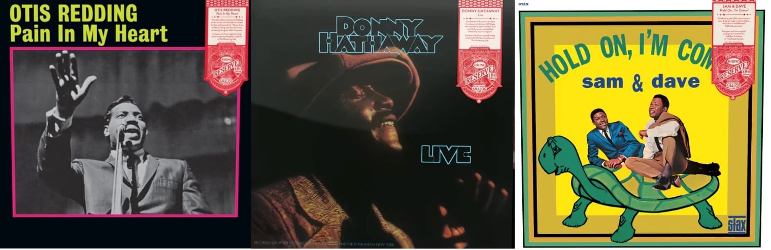 Cover art for Otis Redding, Donny Hathaway, and Sam and Dave.