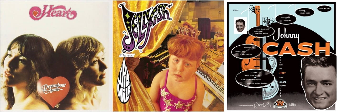 Cover art for Heart, Jellyfish, and Johnny Cash.
